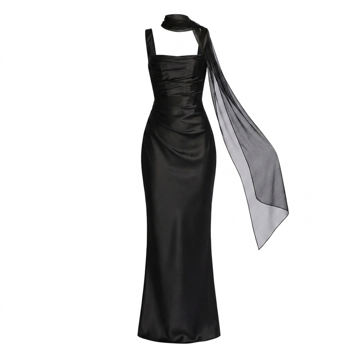 Vivienne | Square Neck Ruched Satin Column Maxi Dress for Elegant Evenings