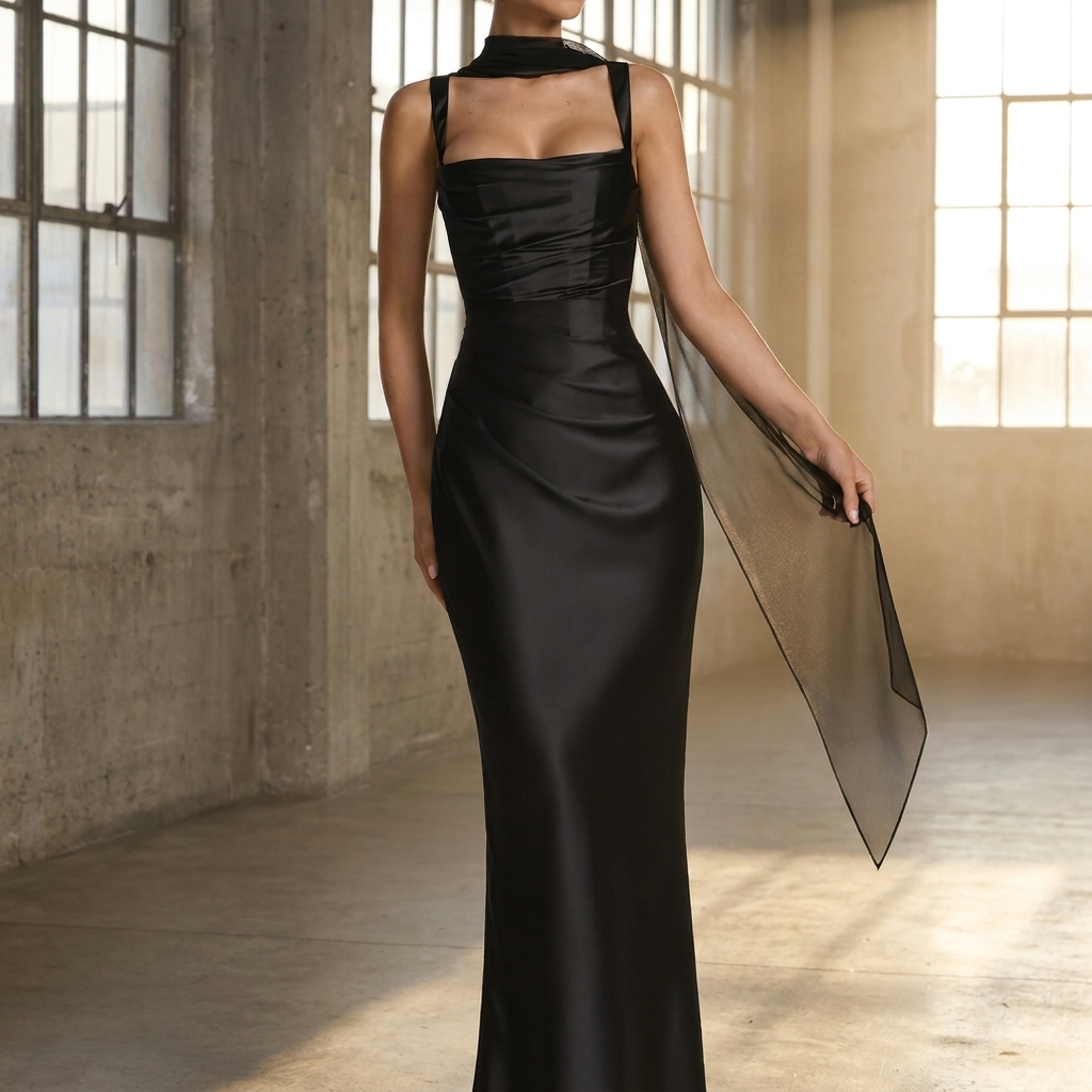 Vivienne | Square Neck Ruched Satin Column Maxi Dress for Elegant Evenings