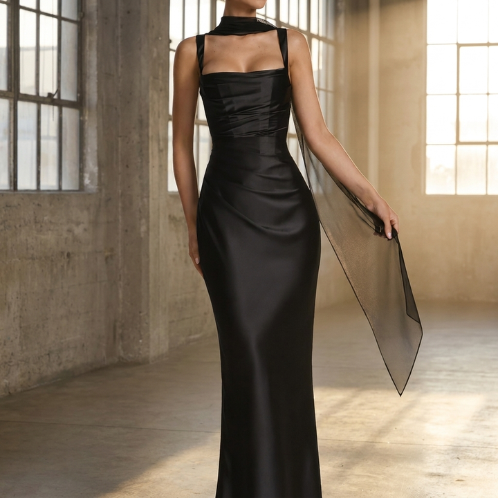 Vivienne | Square Neck Ruched Satin Column Maxi Dress for Elegant Evenings