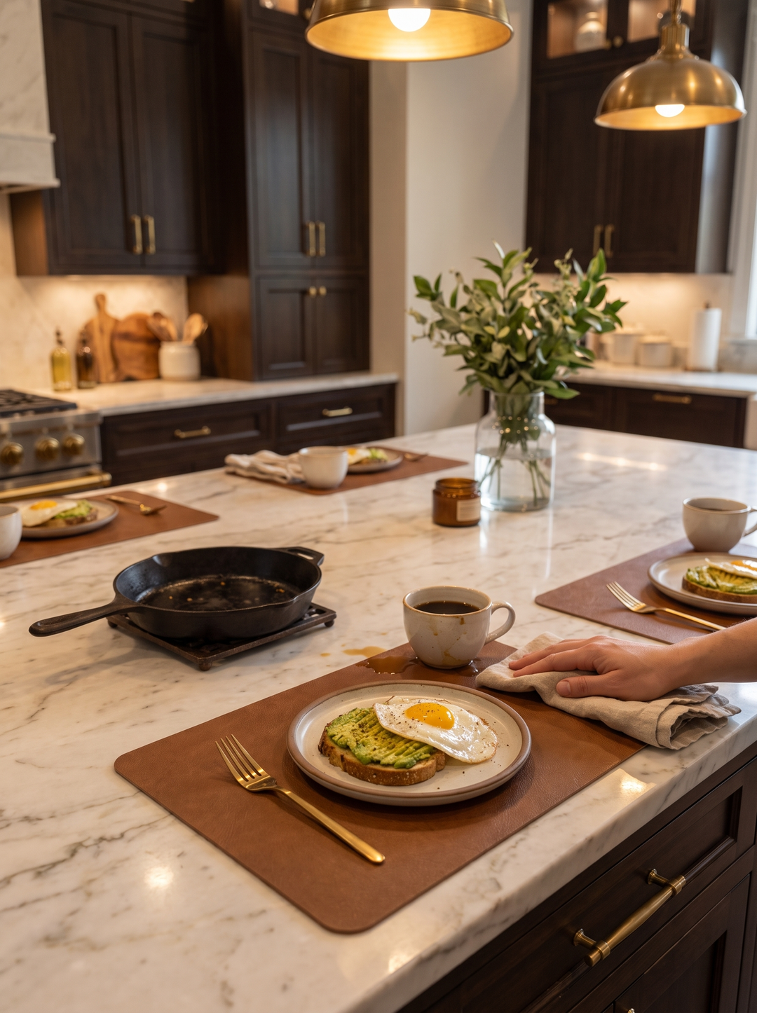DuoMat faux leather placemat protecting a dining table from a hot serving dish