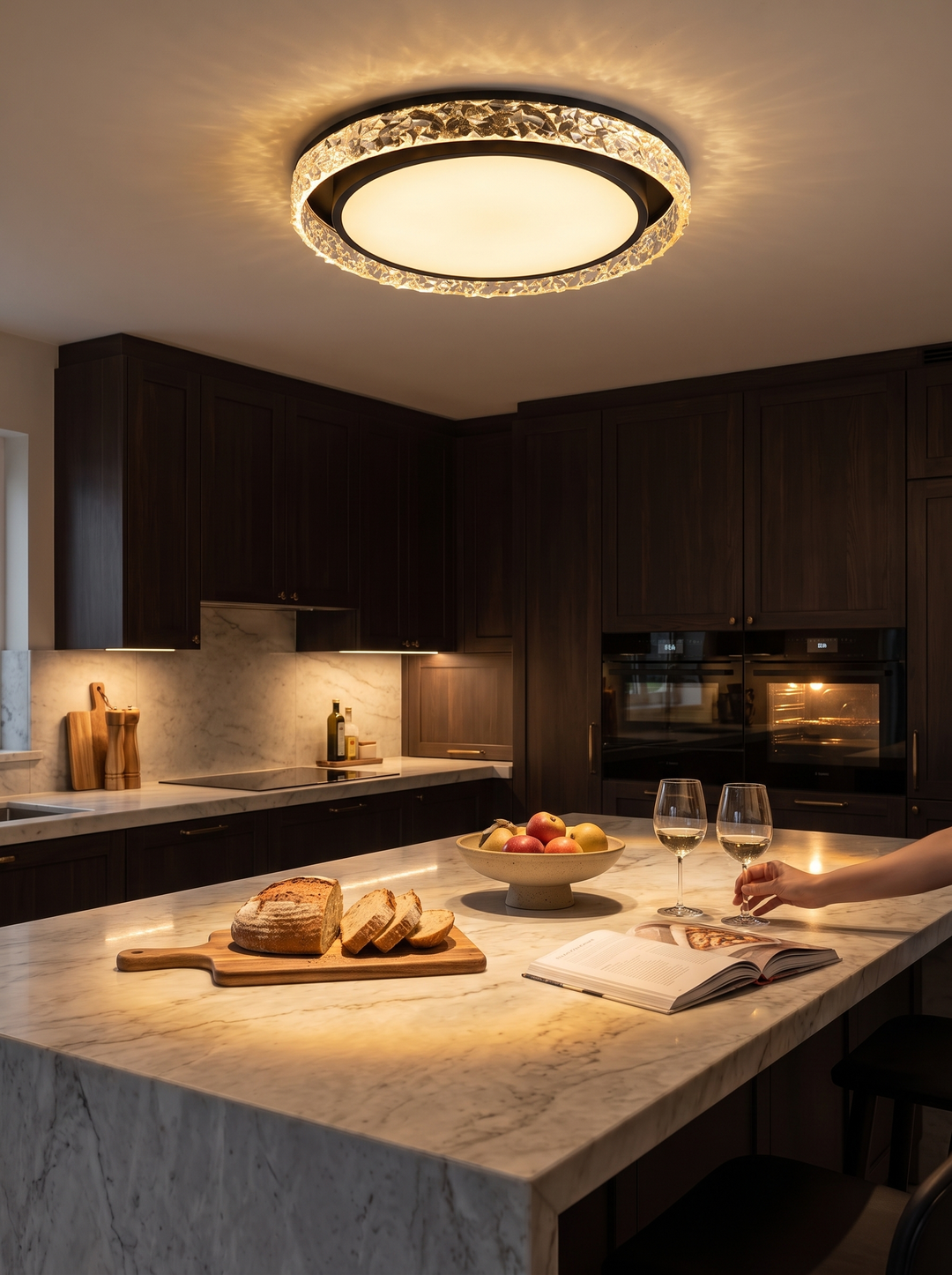 Crystal Halo LED Ceiling Light crystal ring glowing in a room